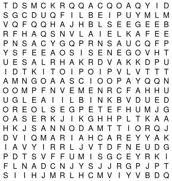 Today's Wordsearch grid on PuzzleMadness, a square of letters for the day's word list