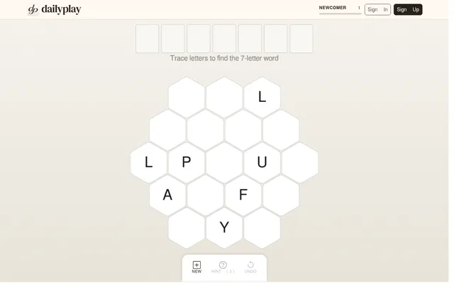 WordSlip daily board on DailyPlay: seven empty answer boxes above a 19-cell hexagonal grid with the letters L, L, P, U, A, F and Y scattered among empty cells