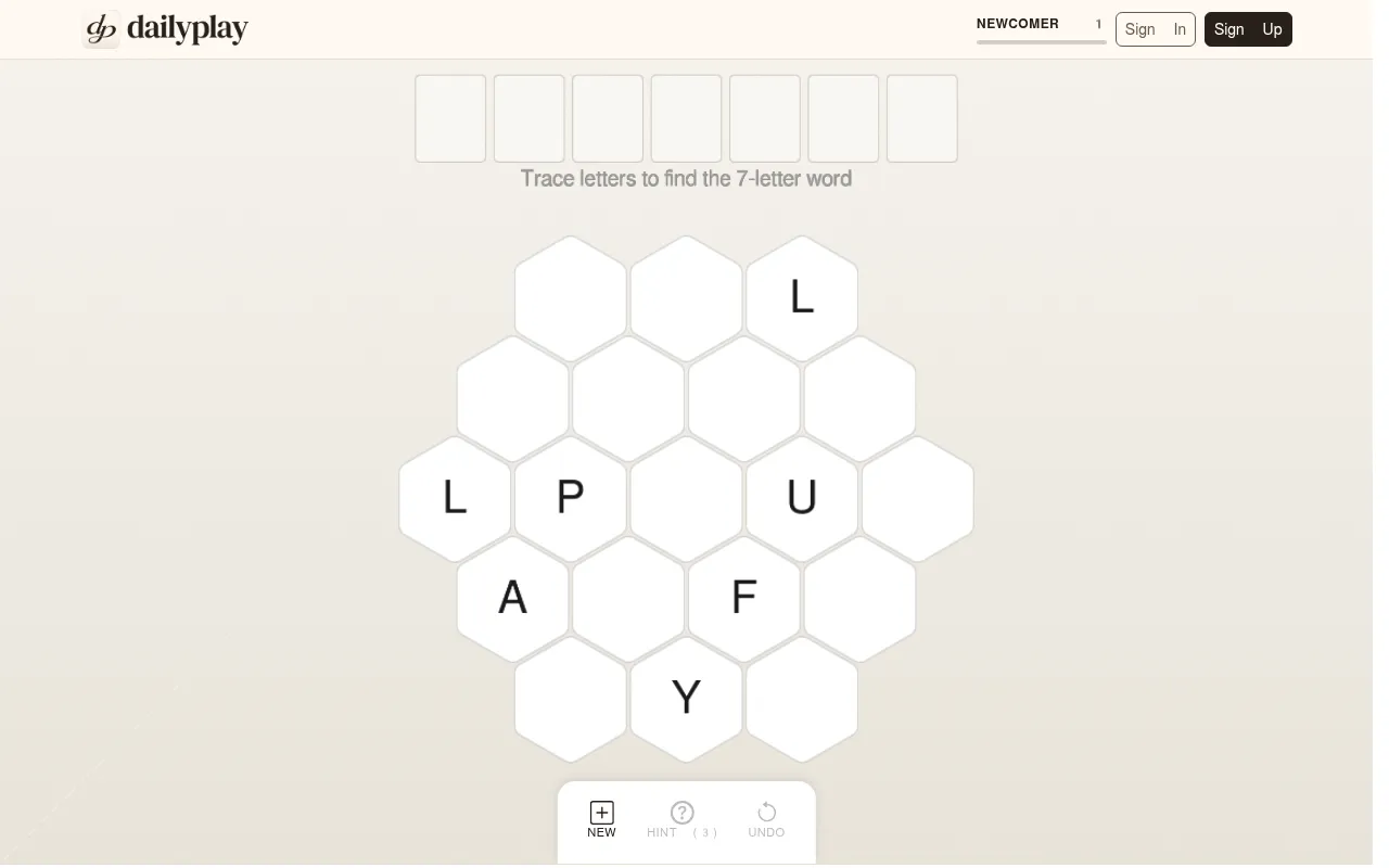 WordSlip daily board on DailyPlay: seven empty answer boxes above a 19-cell hexagonal grid with the letters L, L, P, U, A, F and Y scattered among empty cells