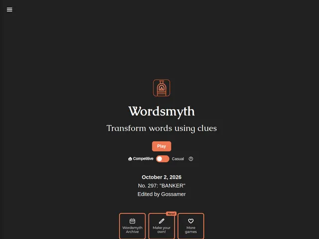 Wordsmyth home screen with the tagline Transform words using clues, a Play button, and the dated daily puzzle No. 297 BANKER for October 2, 2026