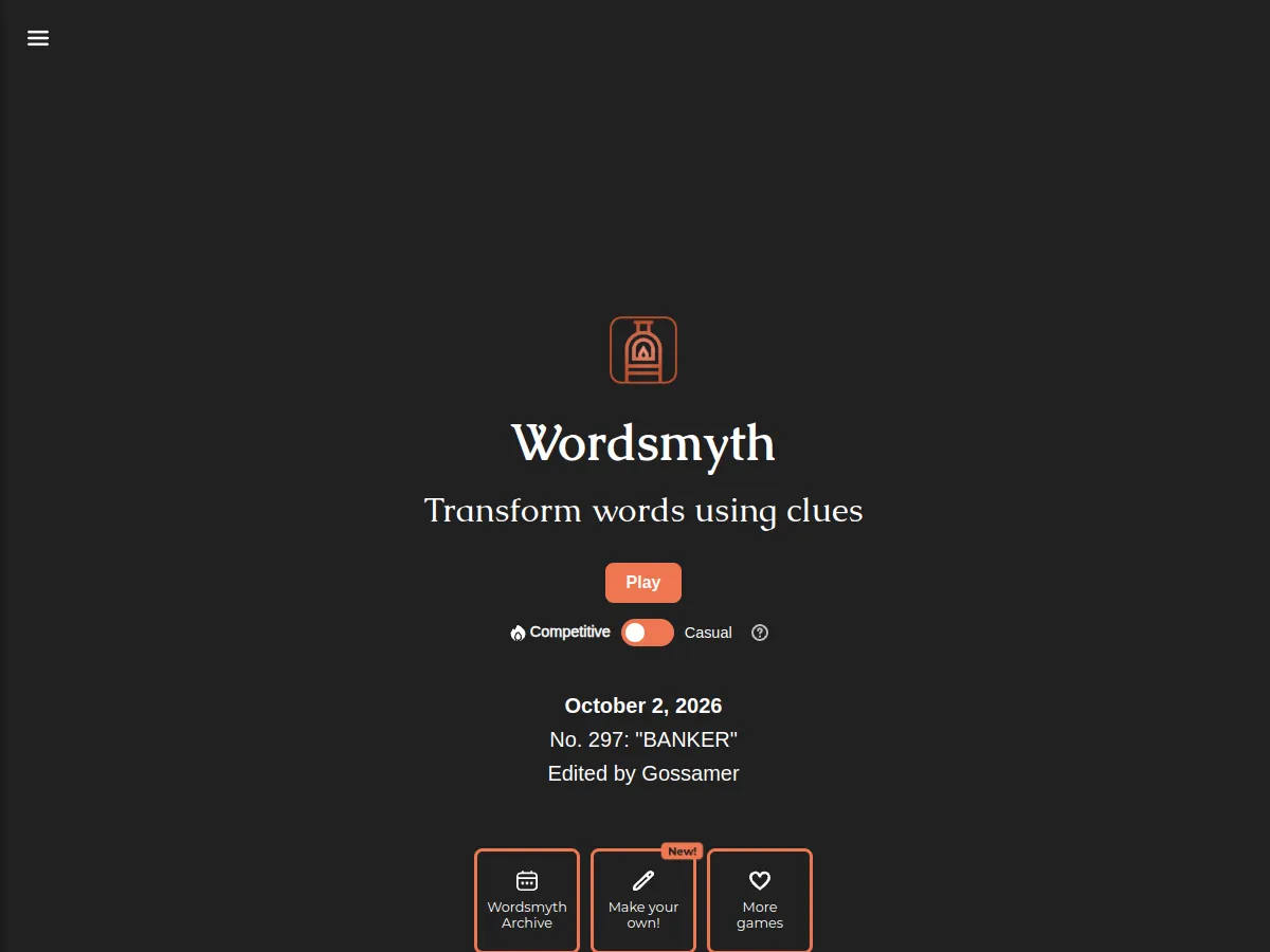Wordsmyth home screen with the tagline Transform words using clues, a Play button, and the dated daily puzzle No. 297 BANKER for October 2, 2026