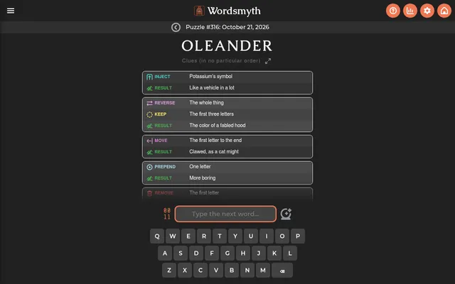 Wordsmyth Puzzle #316 for October 21, 2026 on a desktop: the start word OLEANDER above clue cards such as Inject, Reverse, Keep and Move, a timer, a text box and an on-screen keyboard