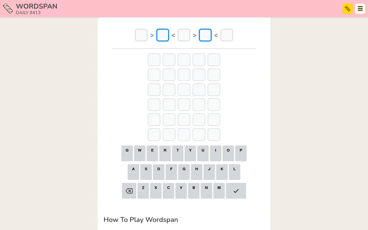 Wordspan Daily #413 board: five answer boxes joined by the day's > and < alphabet signs with two vowel boxes outlined in blue, six empty guess rows and an on-screen keyboard