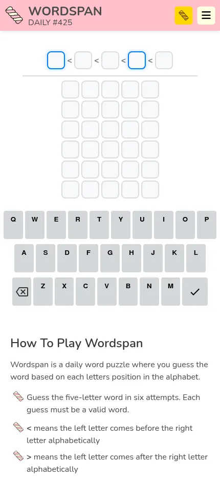 Wordspan Daily #425 at phone size: the day's chain of < signs with two vowel boxes outlined in blue, six empty guess rows, the keyboard and the start of the how-to-play notes