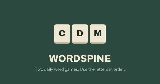 Wordspine cover: three letter tiles C, D, M above the game name and the line Two daily word games. Use the letters in order