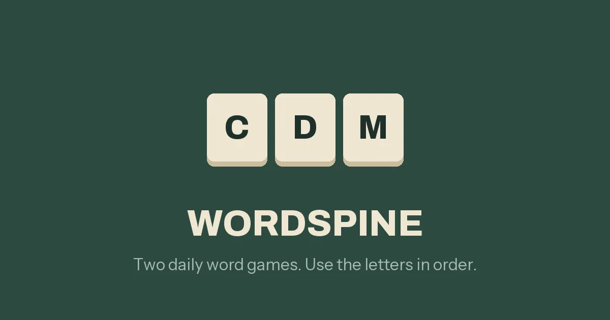 Wordspine cover: three letter tiles C, D, M above the game name and the line Two daily word games. Use the letters in order