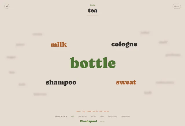 Wordspool board with goal tea at the top, the current word bottle in the centre and milk, cologne, shampoo and sweat around it, moves 5 and par 6