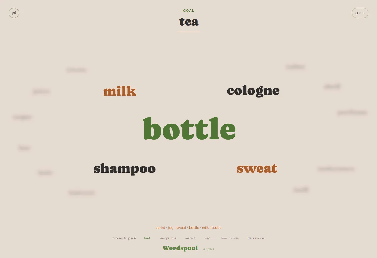 Wordspool board with goal tea at the top, the current word bottle in the centre and milk, cologne, shampoo and sweat around it, moves 5 and par 6
