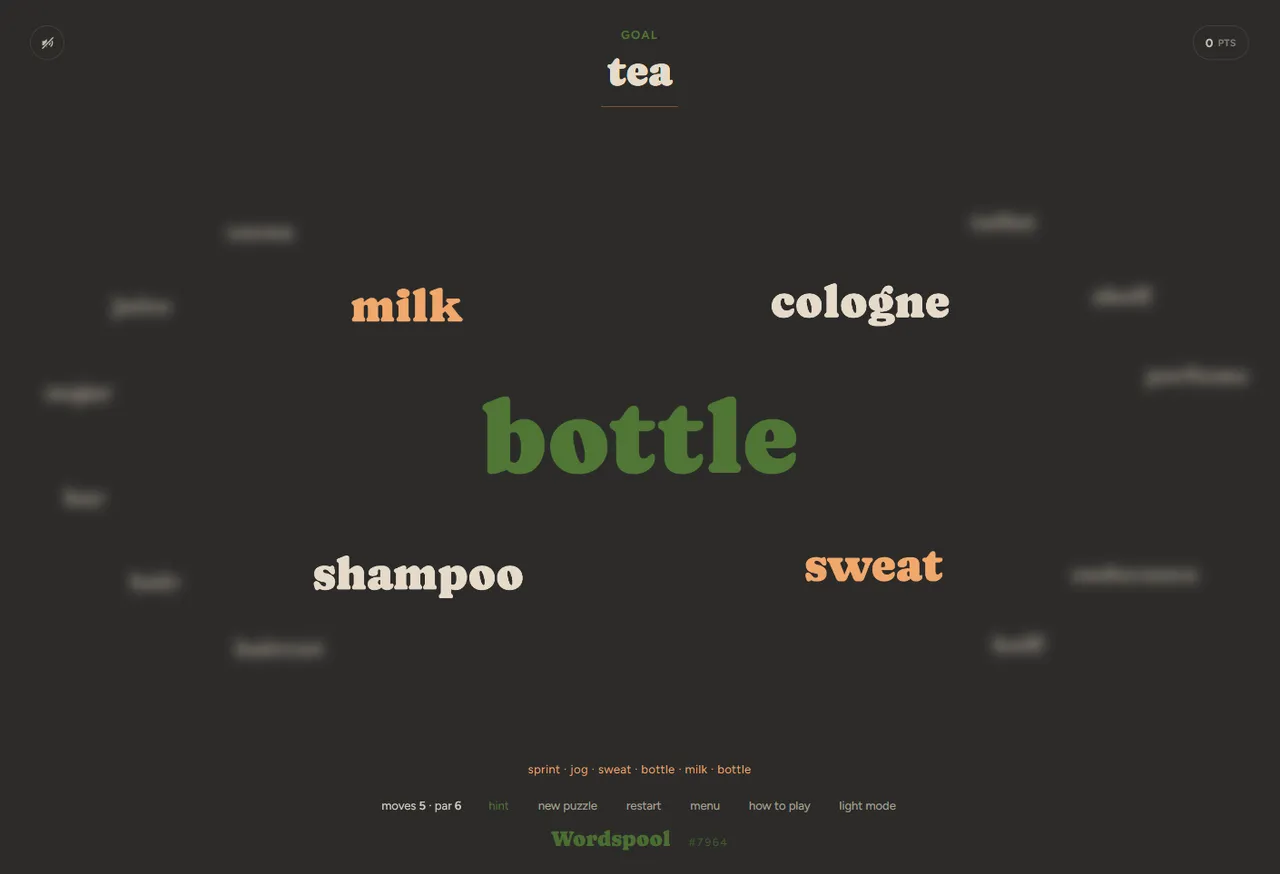 Wordspool in dark mode, standing on bottle with goal tea