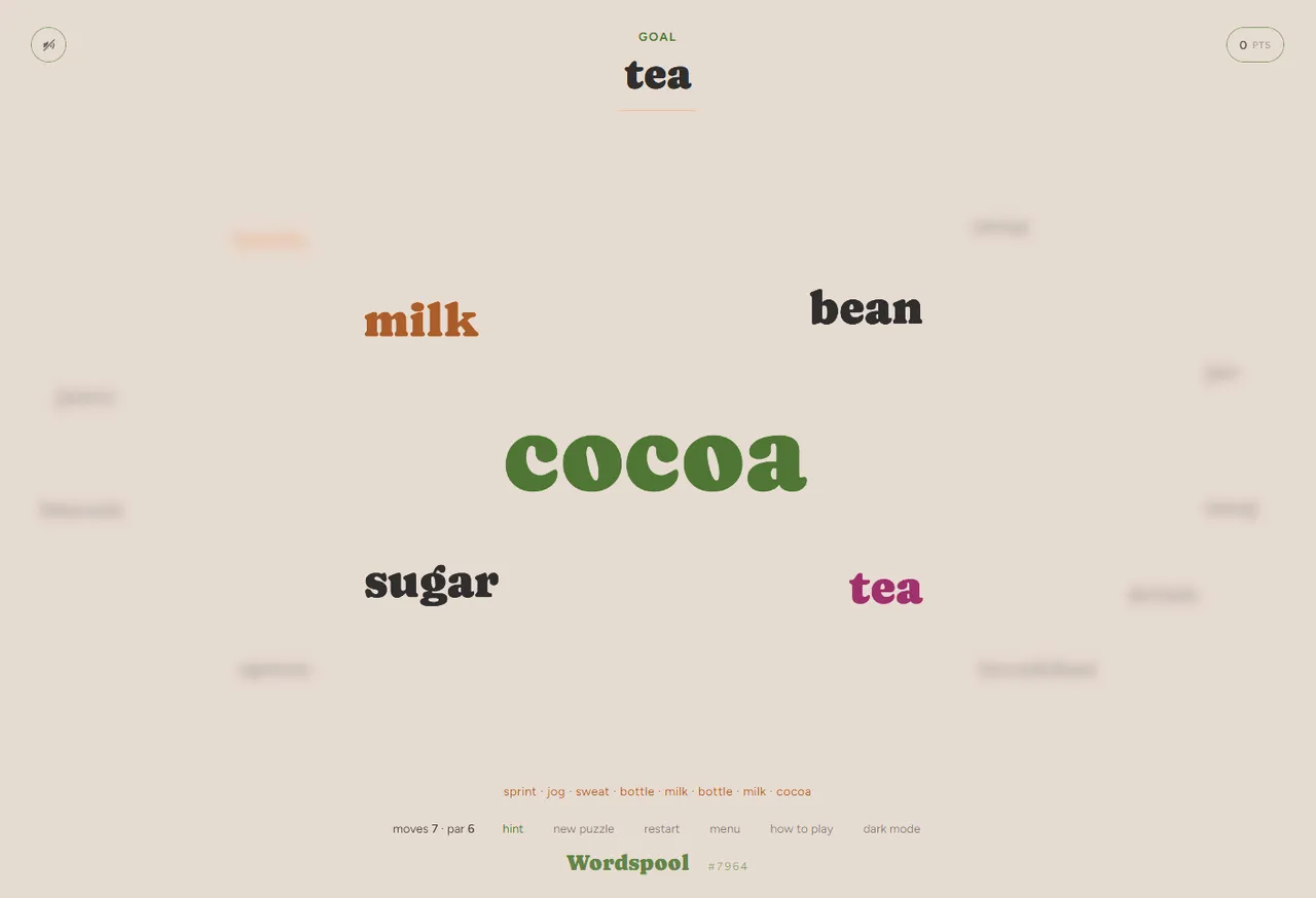 Wordspool one step from the goal: cocoa in the centre with milk, bean, sugar and the goal word tea around it