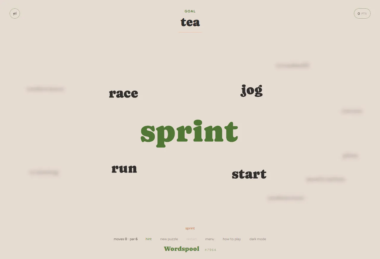 Wordspool puzzle start: the word sprint in the centre surrounded by race, jog, run and start, with goal tea
