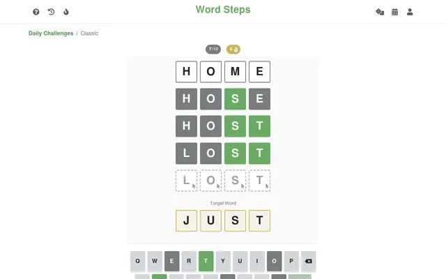 WordSteps Classic for 18 Oct 2026 being played: HOME, HOSE, HOST, LOST, with green letters matching the target JUST and 7 of 10 attempts left