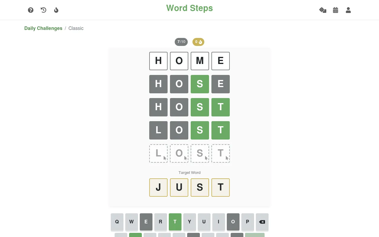 WordSteps Classic for 18 Oct 2026 being played: HOME, HOSE, HOST, LOST, with green letters matching the target JUST and 7 of 10 attempts left