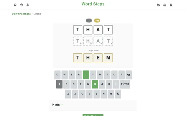 WordSteps Classic: start word THAT above an empty next step and the target word THEM, with 7 of 7 attempts, a keyboard and a Hints panel