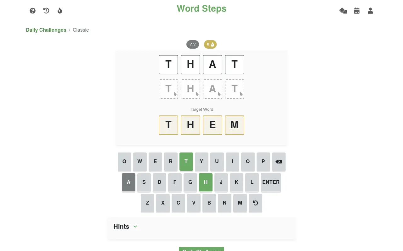WordSteps Classic: start word THAT above an empty next step and the target word THEM, with 7 of 7 attempts, a keyboard and a Hints panel