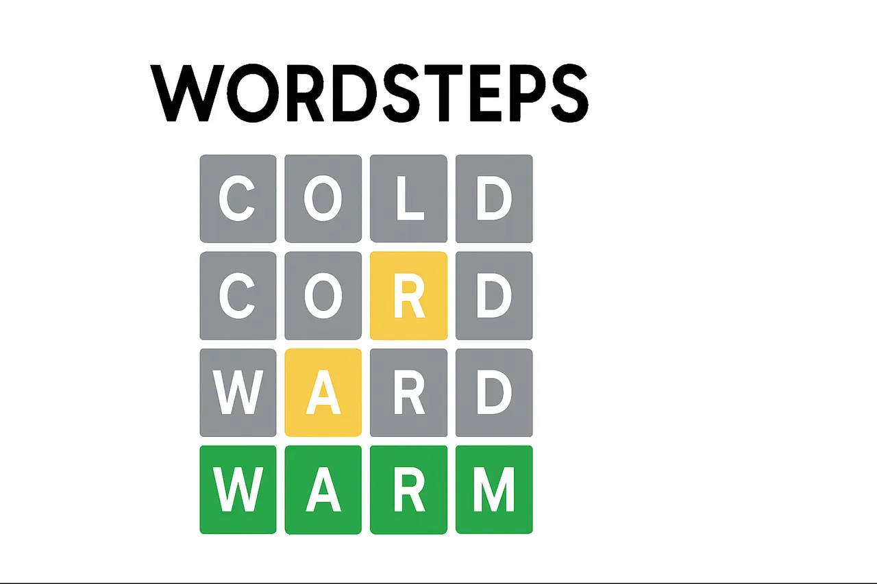 WordSteps share image: a ladder from COLD to CORD, WARD and WARM in coloured letter tiles