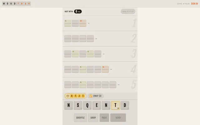The Wordtrak Daily for October 6: five empty traks of three to seven slots with 2L, 3L, 2W and 3W bonuses, and a hand of seven letter tiles below
