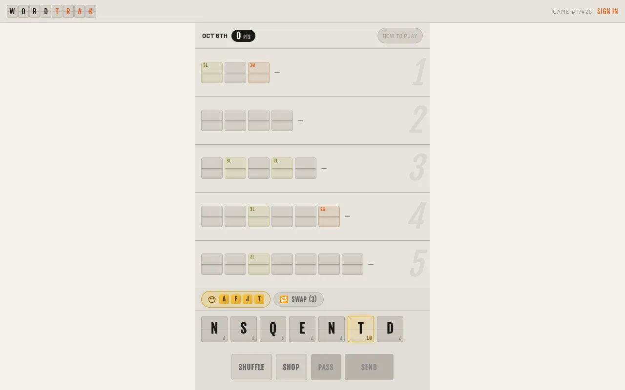 The Wordtrak Daily for October 6: five empty traks of three to seven slots with 2L, 3L, 2W and 3W bonuses, and a hand of seven letter tiles below