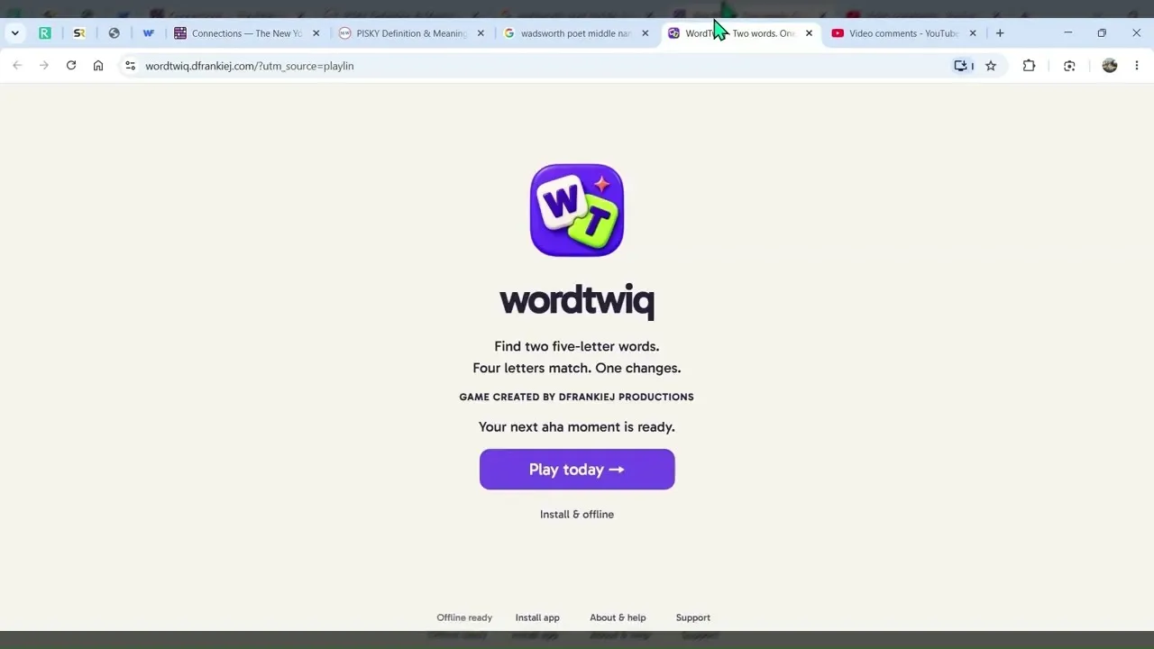 WordTwiq start screen with its W and T tile logo, the line Find two five-letter words. Four letters match. One changes, and a Play today button