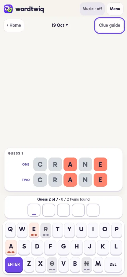 WordTwiq on a phone for 19 October 2026: the guess CRANE scored for both hidden words, the next guess row and the on-screen keyboard