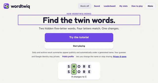WordTwiq home: Find the twin words, with the example SHORE and SCORE where H changes to C