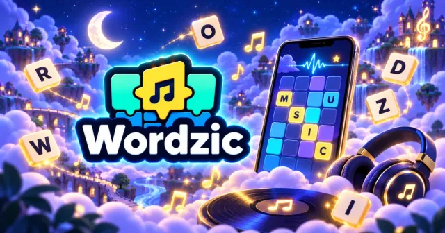 Wordzic's own artwork: the Wordzic logo beside a phone showing a letter grid spelling MUSIC, with headphones, a record and floating letter tiles