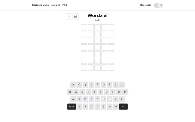 Wordziel puzzle #443 before the first guess: an empty grid of six rows of five tiles under the Wordziel title, above an on-screen keyboard with a top row of Polish letters such as Ą, Ć, Ę and Ł