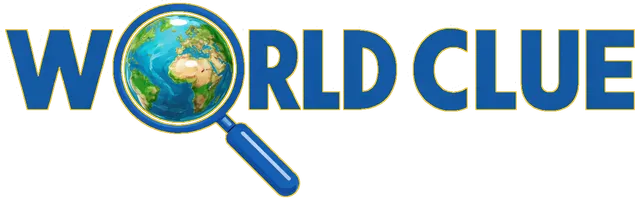 The World Clue logo, with a globe inside a magnifying glass