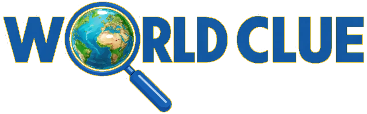 The World Clue logo, with a globe inside a magnifying glass