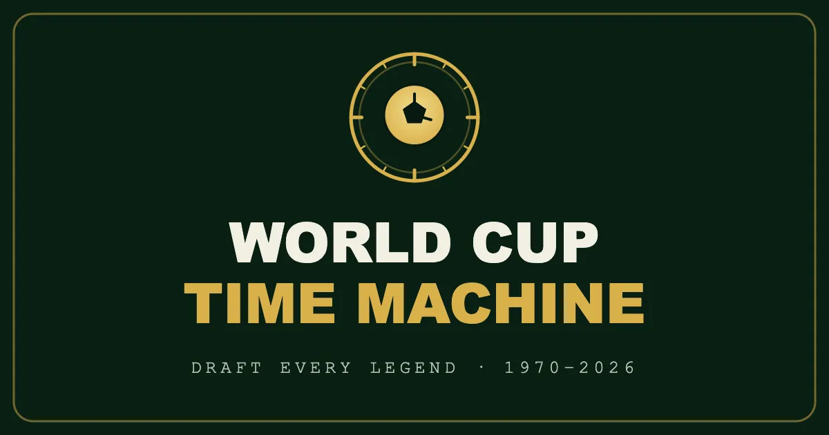 World Cup Time Machine title card with its gold clock-and-ball logo and the line Draft every legend 1970 to 2026