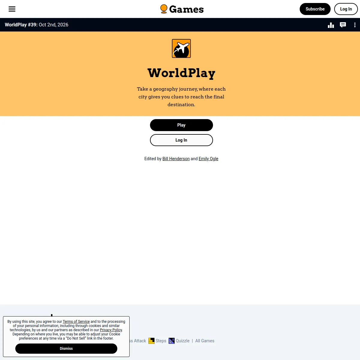 The WorldPlay start page for puzzle #39 on 2 October 2026: an orange banner with a plane-over-globe icon, the line about a geography journey where each city gives clues, Play and Log In buttons, and t