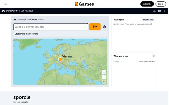 WorldPlay #44 for Oct 7th, 2026 on Sporcle: starting from Vienna, Austria on a map of Europe, a box to guess a city or country and Fly, the clue More than 6 letters, and empty Your flights and What yo