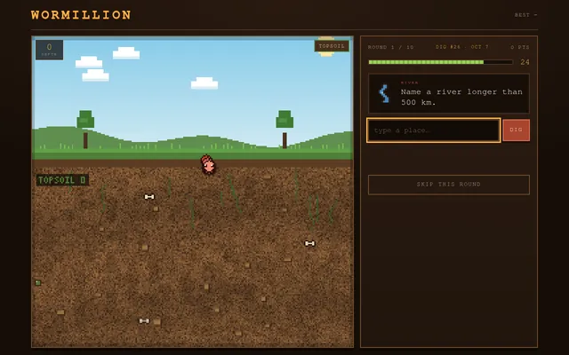 Wormillion Dig #26 for 7 October, round 1 of 10: the prompt Name a river longer than 500 km, a box to type a place and a running timer, beside the pixel worm at the surface