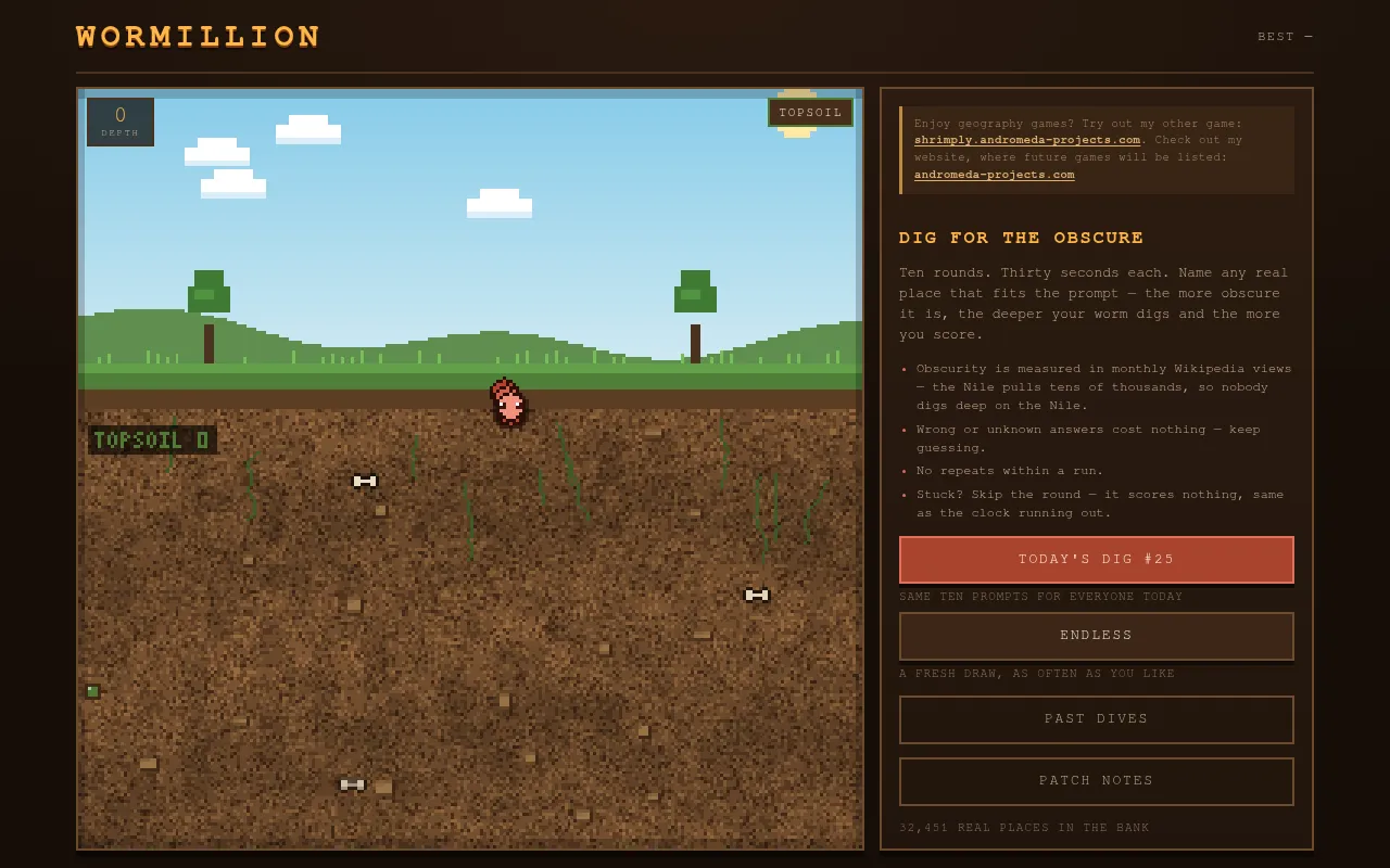 Wormillion home screen: a pixel worm in the topsoil under a green hill, beside the rules and a button for Today's Dig #25