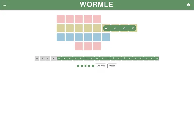 Wormle game #366 in play: four coloured rows of empty cells, the green worm laying W E E N along the second row, and the worm's remaining letters in a strip below