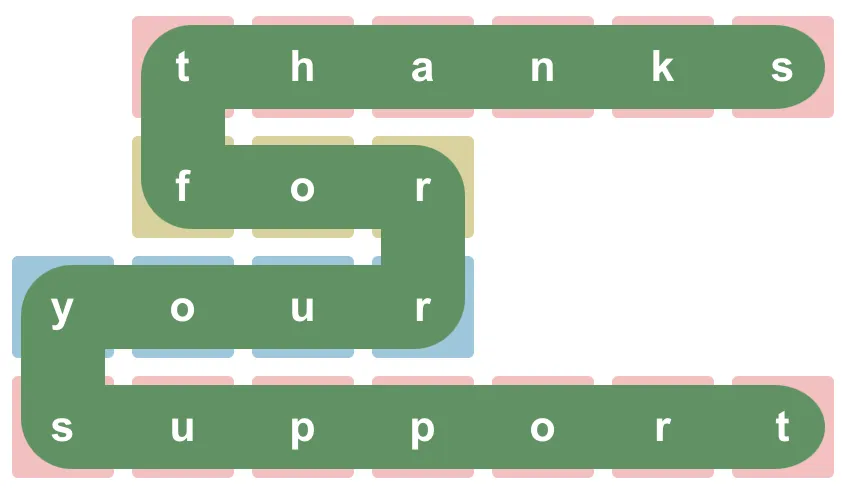 A finished Wormle grid: the green worm winds through four rows spelling thanks, for, your, support