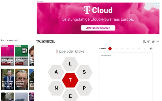 Wortagon on the Tagesspiegel site: seven hexagons with L, S, P, E, N and A around a red centre T, a Tippe oder klicke entry line and a 0 to 80 point progress bar, with an ad banner above and article l