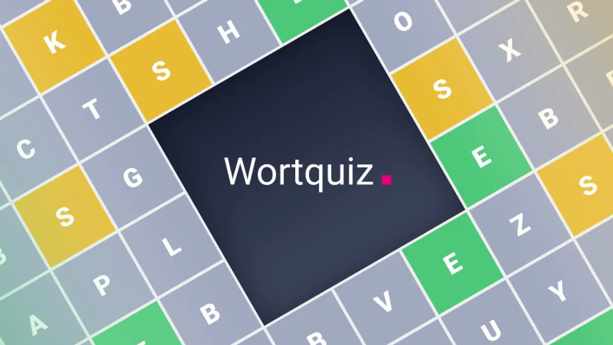 The Wortquiz card on a grid of coloured letter tiles
