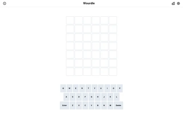 The Wourdle board: seven empty rows of six tiles and an on-screen keyboard