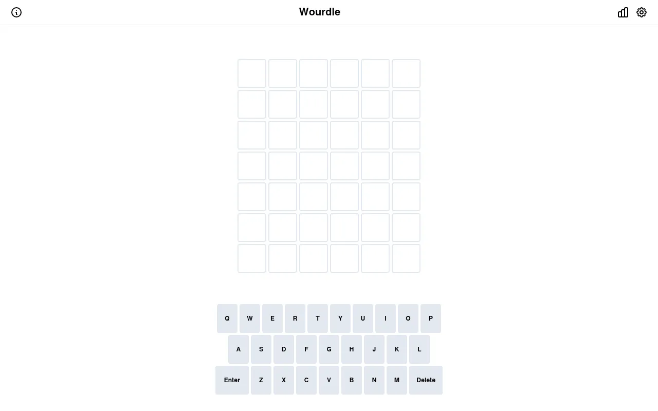 The Wourdle board: seven empty rows of six tiles and an on-screen keyboard