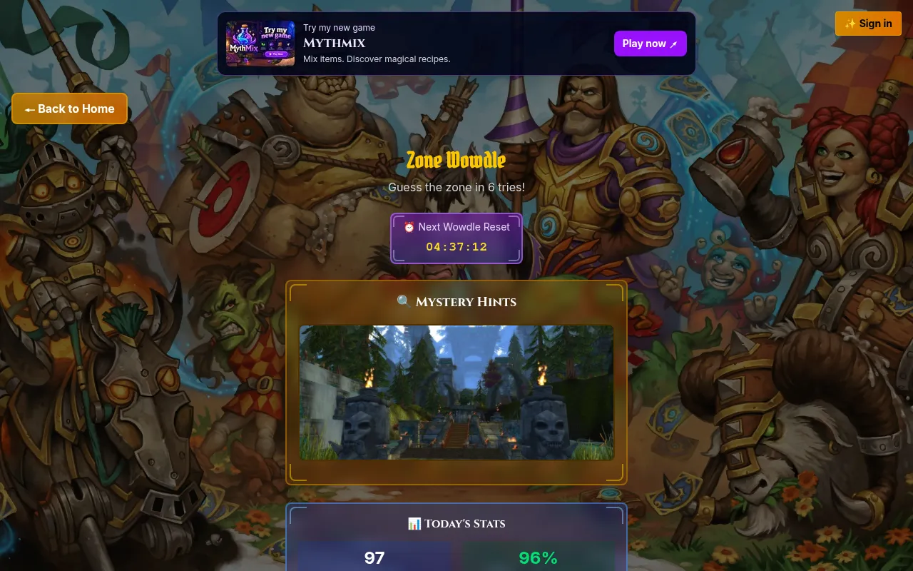 WoWdle Zone mode: the day's mystery World of Warcraft zone shown as a screenshot of a stone stairway between skull statues
