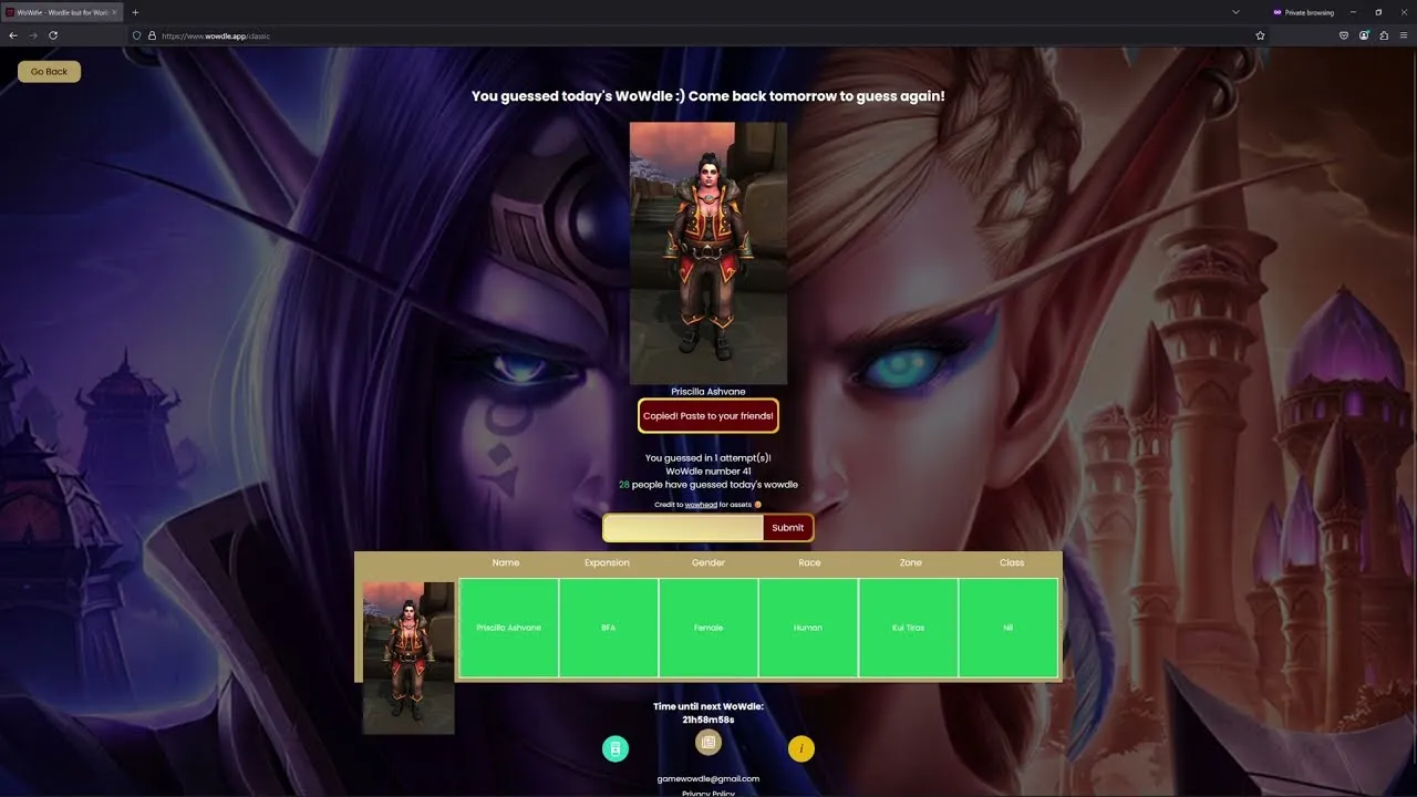 WoWdle Classic mode solved in one guess: a World of Warcraft character with green tiles for name, expansion, gender, race, zone and class