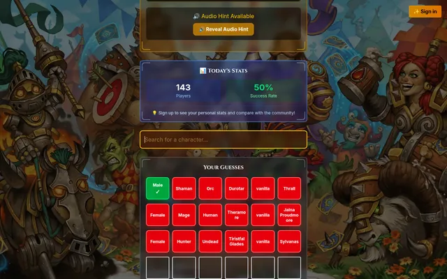 WoWdle Classic board with three guesses, Thrall, Jaina Proudmoore and Sylvanas, scored by coloured tiles for gender, class, race, zone and expansion