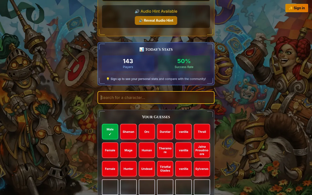 WoWdle Classic board with three guesses, Thrall, Jaina Proudmoore and Sylvanas, scored by coloured tiles for gender, class, race, zone and expansion