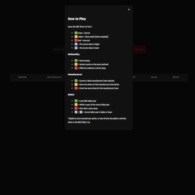 WRCdle How to Play screen explaining that you guess the WRC driver in six tries, with green/yellow/red colour rules for nationality, manufacturer and debut year, over the game board columns Driver, Na