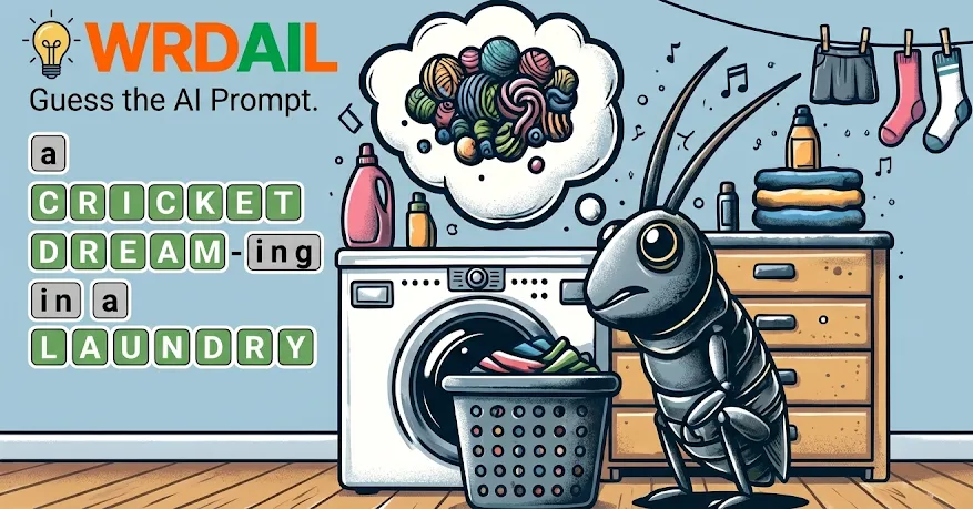 A WRDAIL example: a cartoon cricket by a washing machine and the solved prompt a cricket dreaming in a laundry