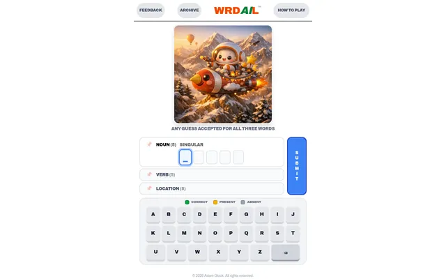 Today's WRDAIL board: a cartoon astronaut riding a rocket over snowy mountains, with empty rows for a five-letter noun, a five-letter verb and an eight-letter location