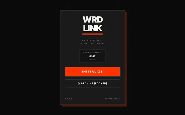 WrdLink start screen with the WRD LINK logo, Daily Sequence #642 for 2026-10-04, an orange Initialize button and a locked Archive button