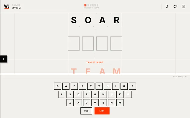 WrdLink daily level 1 of 3: change the start word SOAR into the target word TEAM one letter at a time, with an empty row for the next word, 0 linked and 8 steps left, and an on-screen keyboard with Li