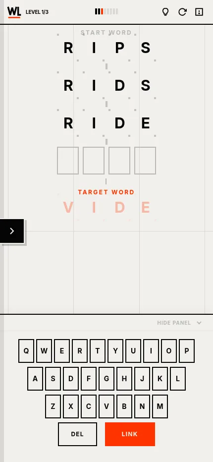 WrdLink on a phone: the chain RIPS, RIDS, RIDE with an empty row above the target word VIDE, and the keyboard below